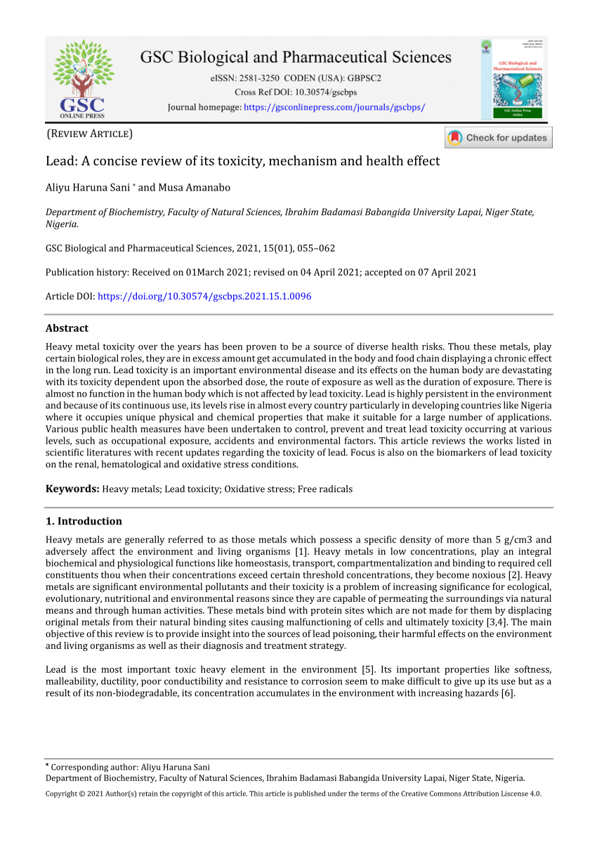 Pdf Lead A Concise Review Of Its Toxicity Mechanism And Health Effect