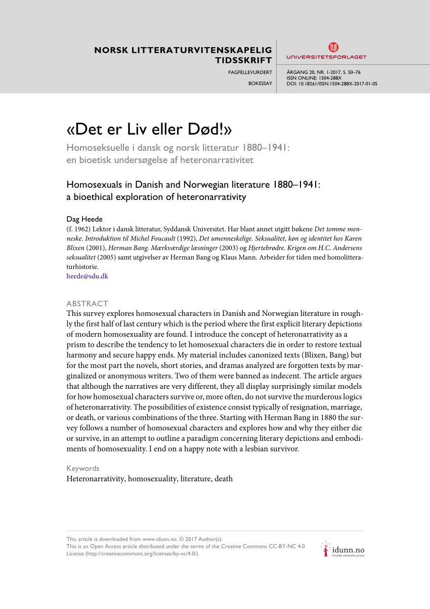 PDF) «Det er Liv eller Død!» Homoseksuelle i dansk og norsk litteratur 1880–1941 en bioetisk undersøgelse af heteronarrativitet billede