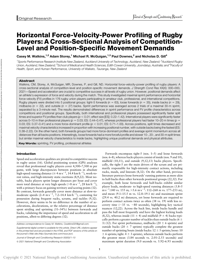 Practice to pitch: The relationship between force-velocity profiles and  match-day performance of semi-professional rugby union players