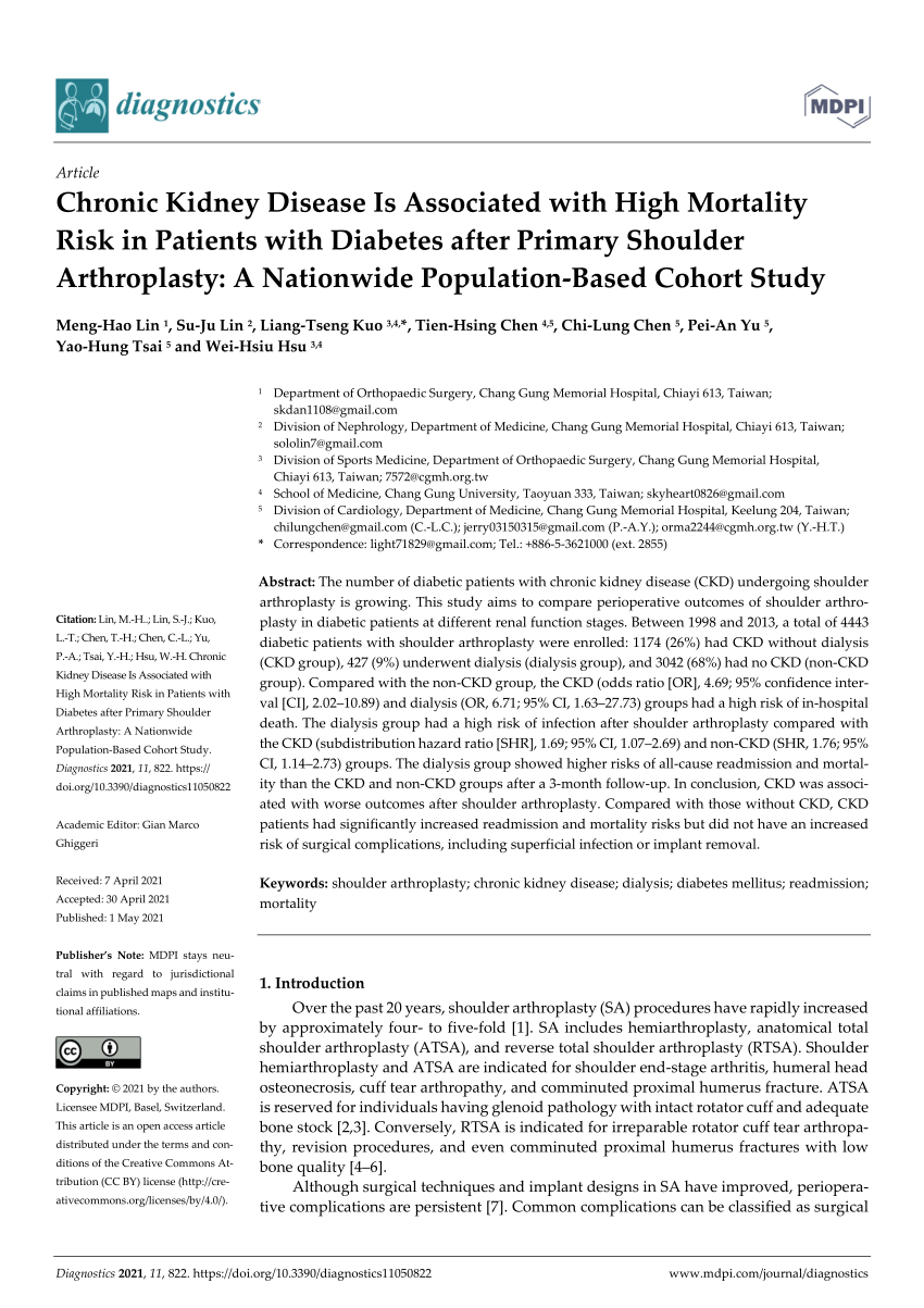 Pdf Chronic Kidney Disease Is Associated With High Mortality Risk In Patients With Diabetes After Primary Shoulder Arthroplasty A Nationwide Population Based Cohort Study