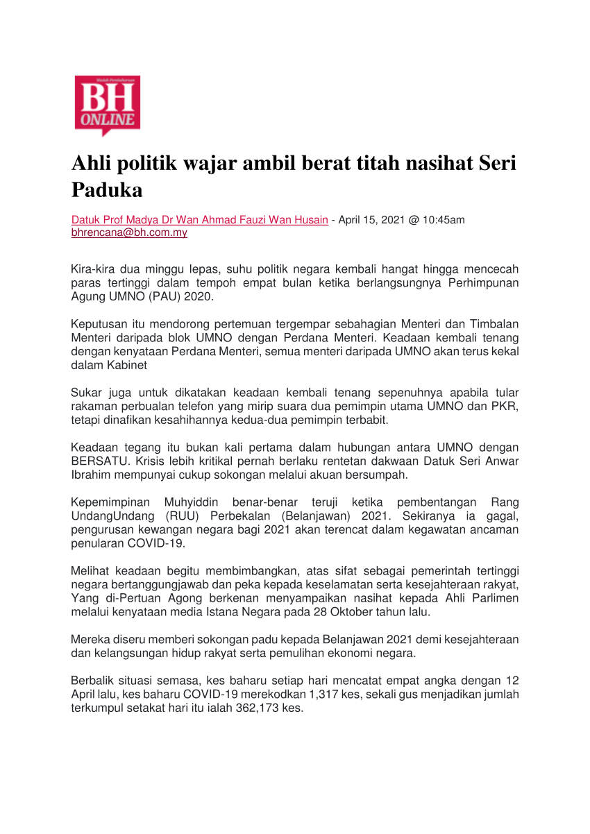 PDF) Ahli politik wajar ambil berat titah nasihat Seri Paduka