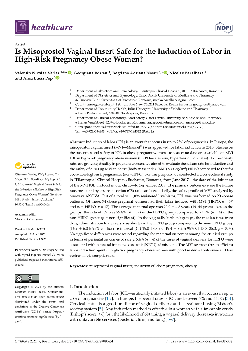 Pdf Is Misoprostol Vaginal Insert Safe For The Induction Of Labor In High Risk Pregnancy Obese 