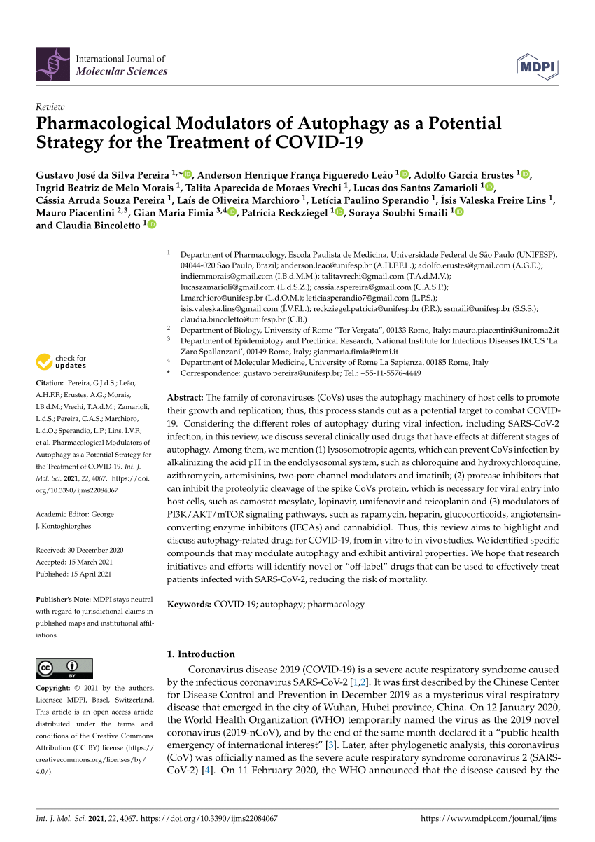 Pdf Pharmacological Modulators Of Autophagy As A Potential Strategy For The Treatment Of Covid 19