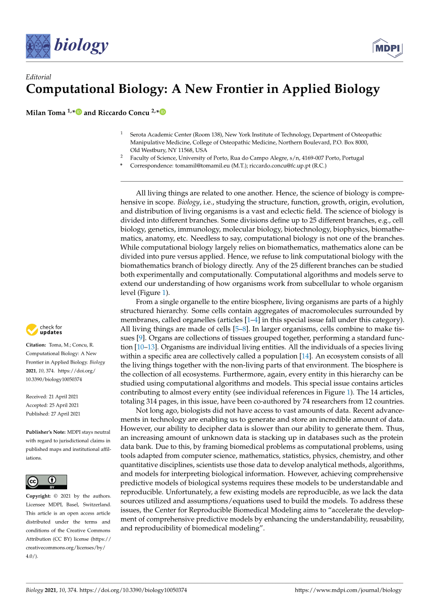 (PDF) Computational Biology A New Frontier in Applied Biology