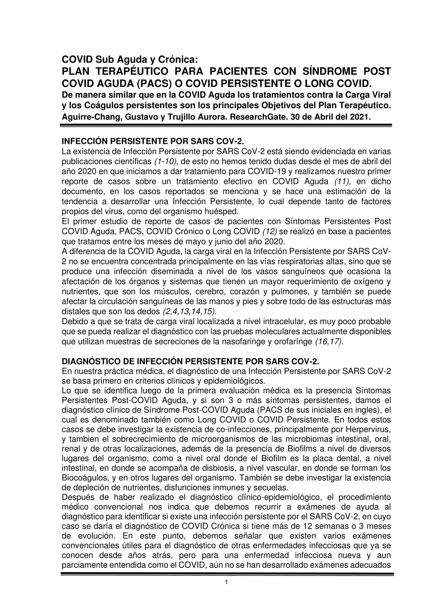 PDF) COVID Sub Aguda y Crónica: PLAN TERAPÉUTICO PARA PACIENTES CON  SÍNDROME POST COVID AGUDA (PACS) O COVID PERSISTENTE.