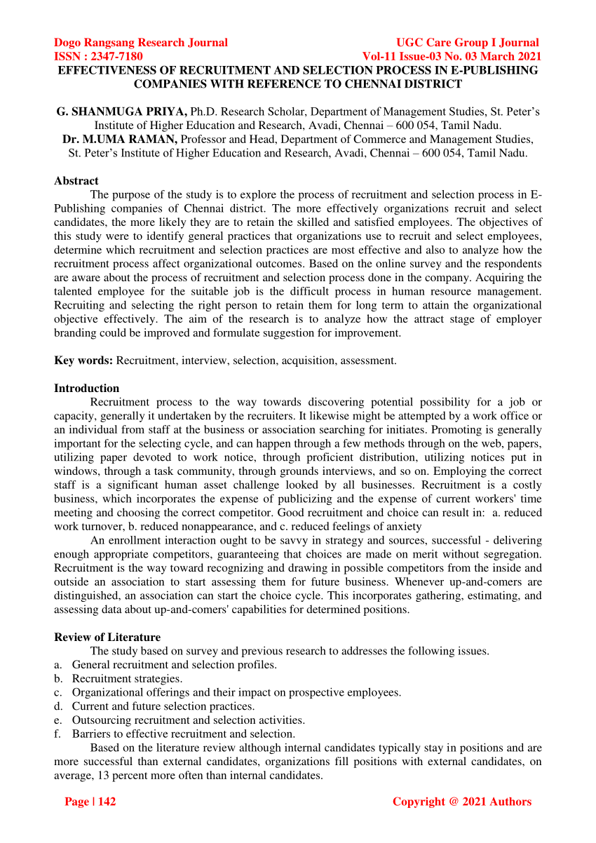research paper of recruitment and selection