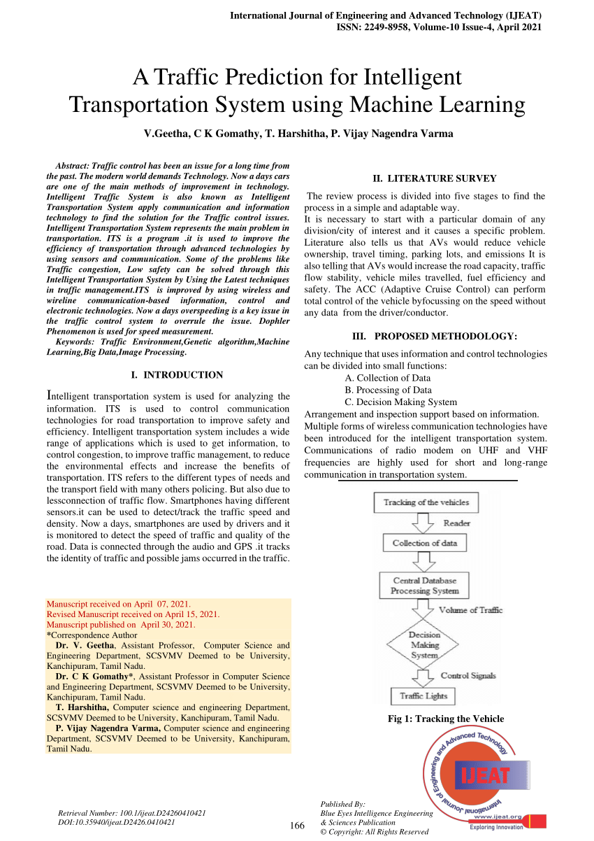 pdf a traffic prediction for intelligent transportation system using machine learning