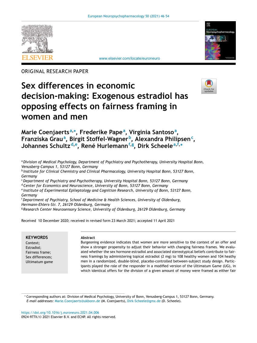 Pdf Sex Differences In Economic Decision Making Exogenous Estradiol