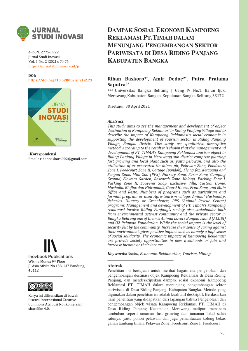 Pdf Dampak Sosial Ekonomi Kampoeng Reklamasi Pt Timah Dalam Menunjang Pengembangan Sektor 1205