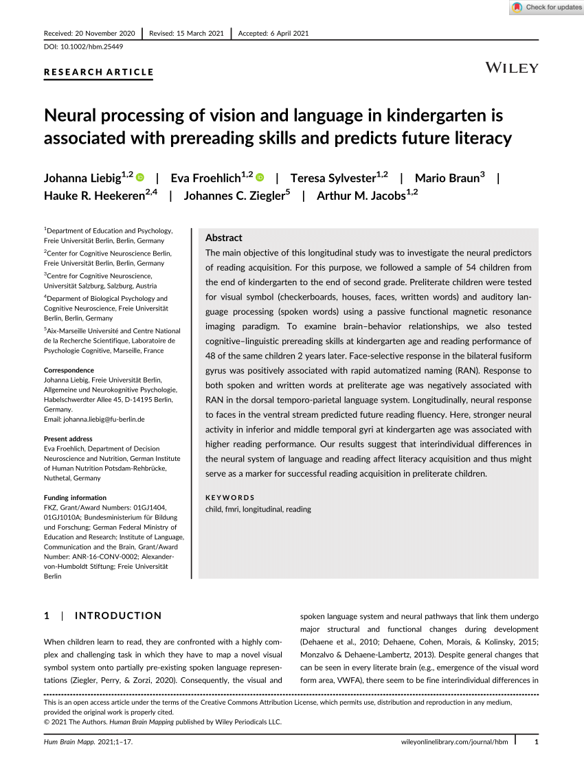 PDF) Neural processing of vision and language in kindergarten is associated with prereading skills and predicts future literacy