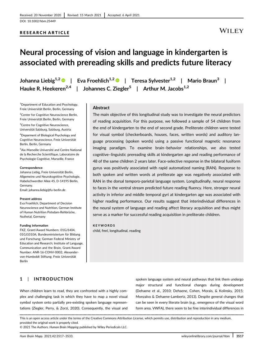 (PDF) Neural processing of vision and language in kindergarten is associated with prereading skills and predicts future literacy