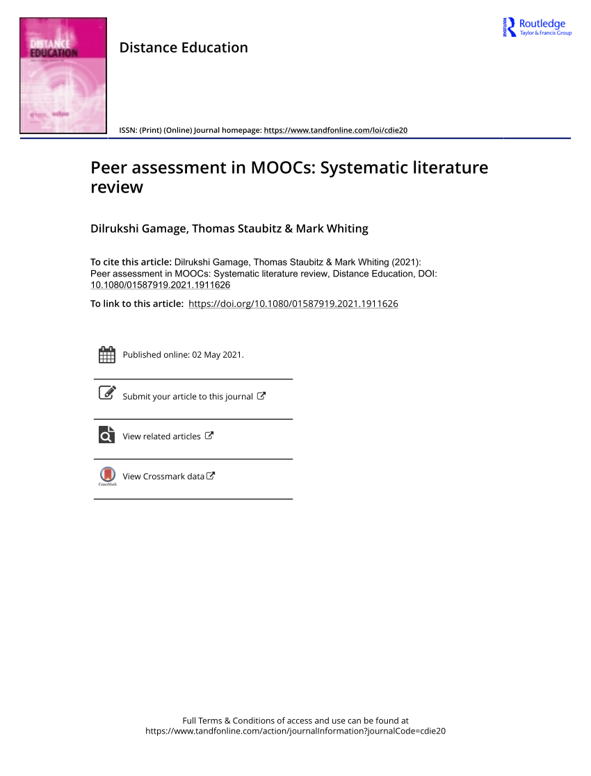 peer assessment in moocs systematic literature review