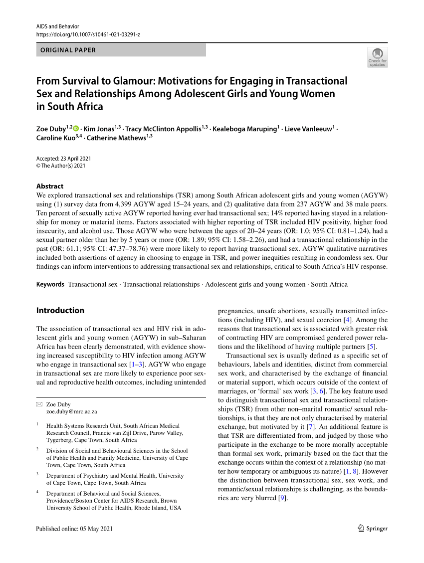 PDF) From Survival to Glamour Motivations for Engaging in Transactional Sex and Relationships Among Adolescent Girls and Young Women in South Africa