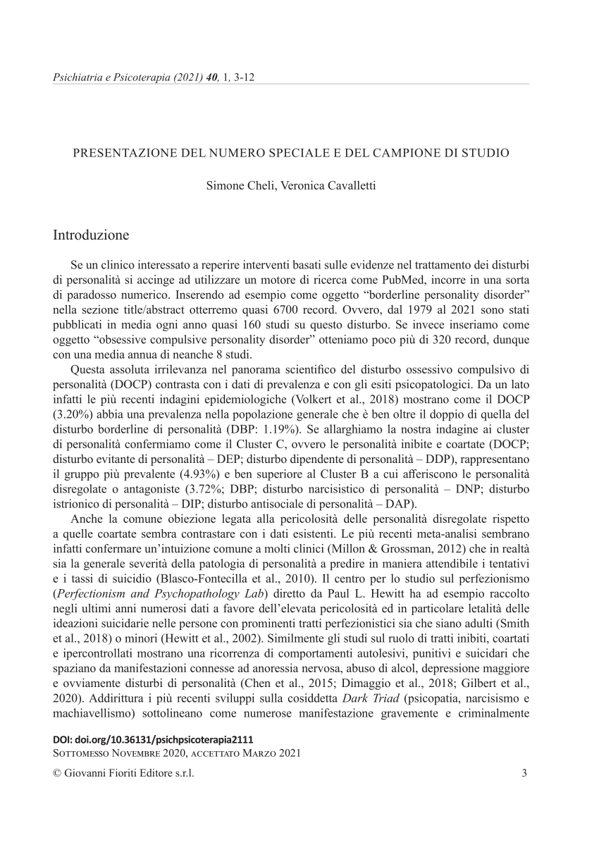 PDF) PRESENTAZIONE DEL NUMERO SPECIALE E DEL CAMPIONE DI STUDIO -  Inquadramento e concettualizzazione dei tratti perfezionistici e  ipercontrollati