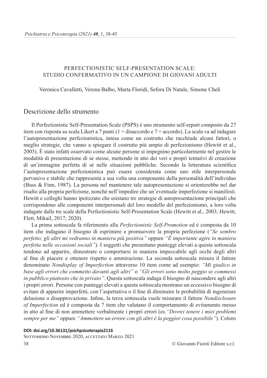 (PDF) PERFECTIONISTIC SELF-PRESENTATION SCALE: STUDIO CONFERMATIVO IN ...