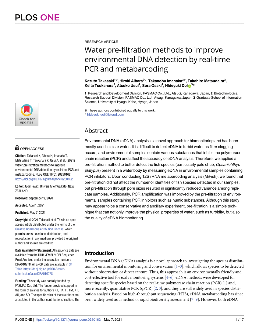 Pdf Water Pre Filtration Methods To Improve Environmental Dna Detection By Real Time Pcr And Metabarcoding