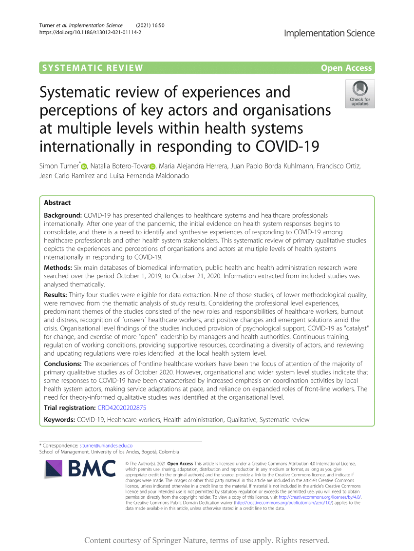 PDF) Systematic review of experiences and perceptions of key actors and  organisations at multiple levels within health systems internationally in  responding to COVID-19