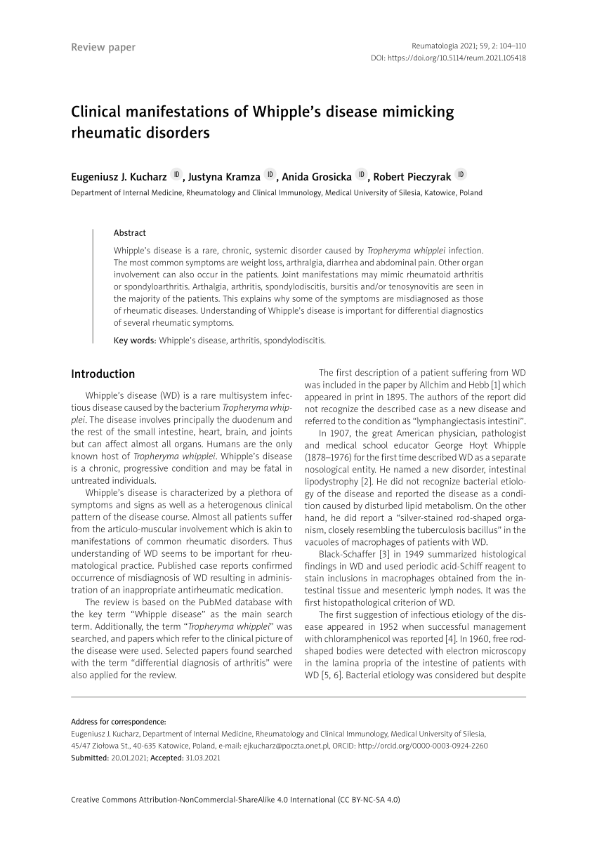 Pdf Clinical Manifestations Of Whipples Disease Mimicking Rheumatic Disorders 2640