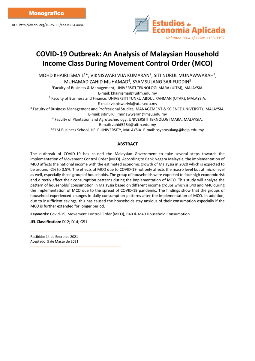 PDF) COVID-19 Outbreak An Analysis of Malaysian Household Income Class During Movement Control Orders (MCO)