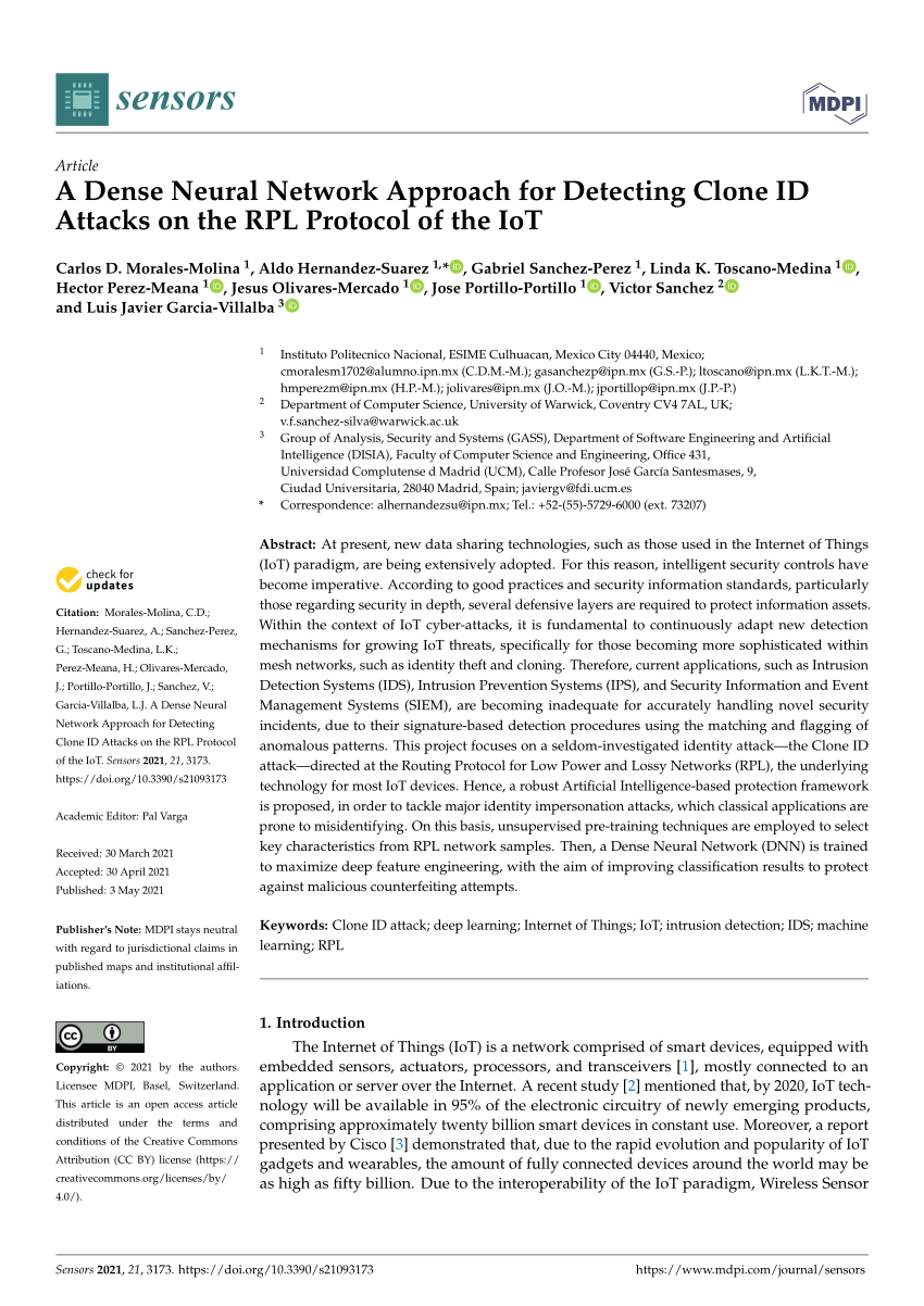 PDF) A Dense Neural Network Approach for Detecting Clone ID Attacks on the  RPL Protocol of the IoT