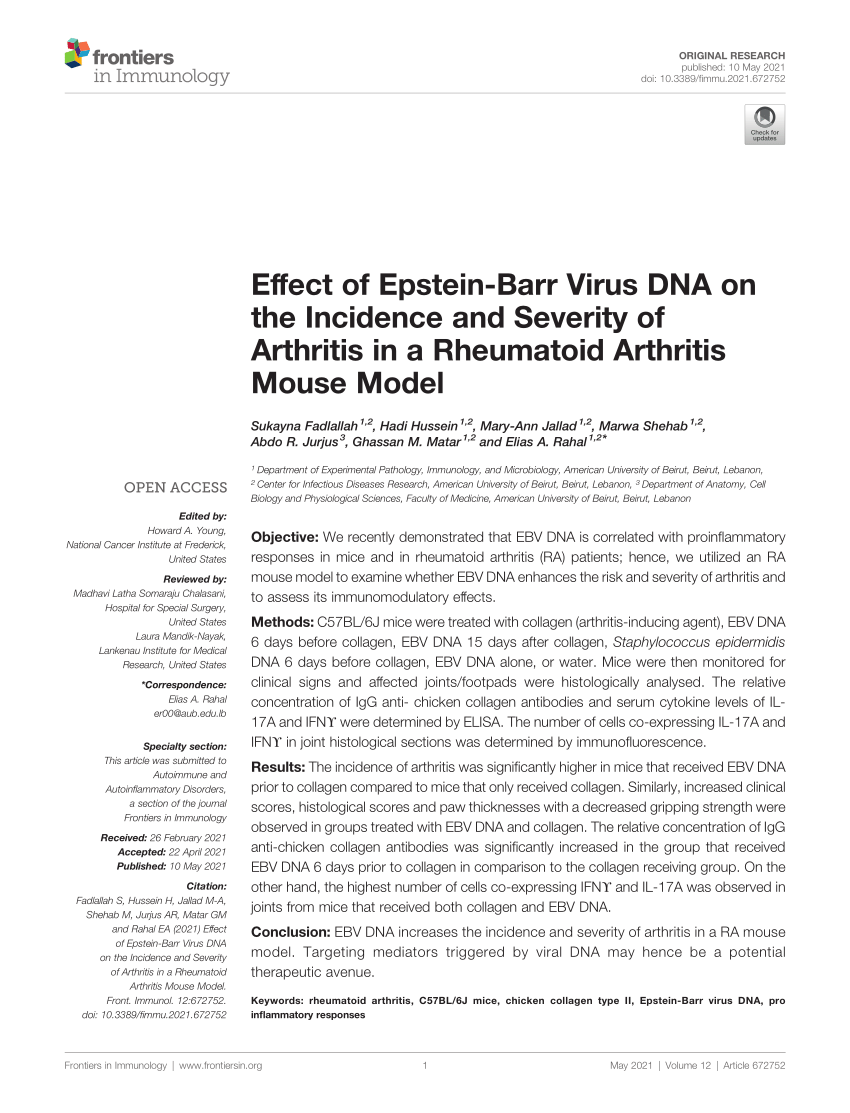 Pdf Effect Of Epstein Barr Virus Dna On The Incidence And Severity Of Arthritis In A 