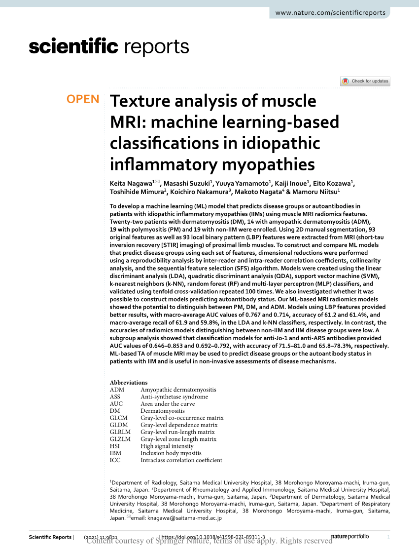 Pdf Texture Analysis Of Muscle Mri Machine Learning Based Classifications In Idiopathic Inflammatory Myopathies