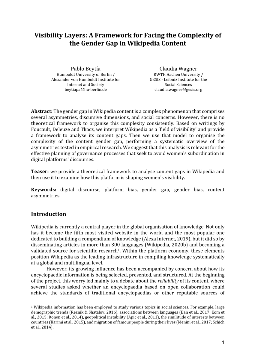 Pdf Visibility Layers A Framework For Facing The Complexity Of The Gender Gap In Wikipedia Content