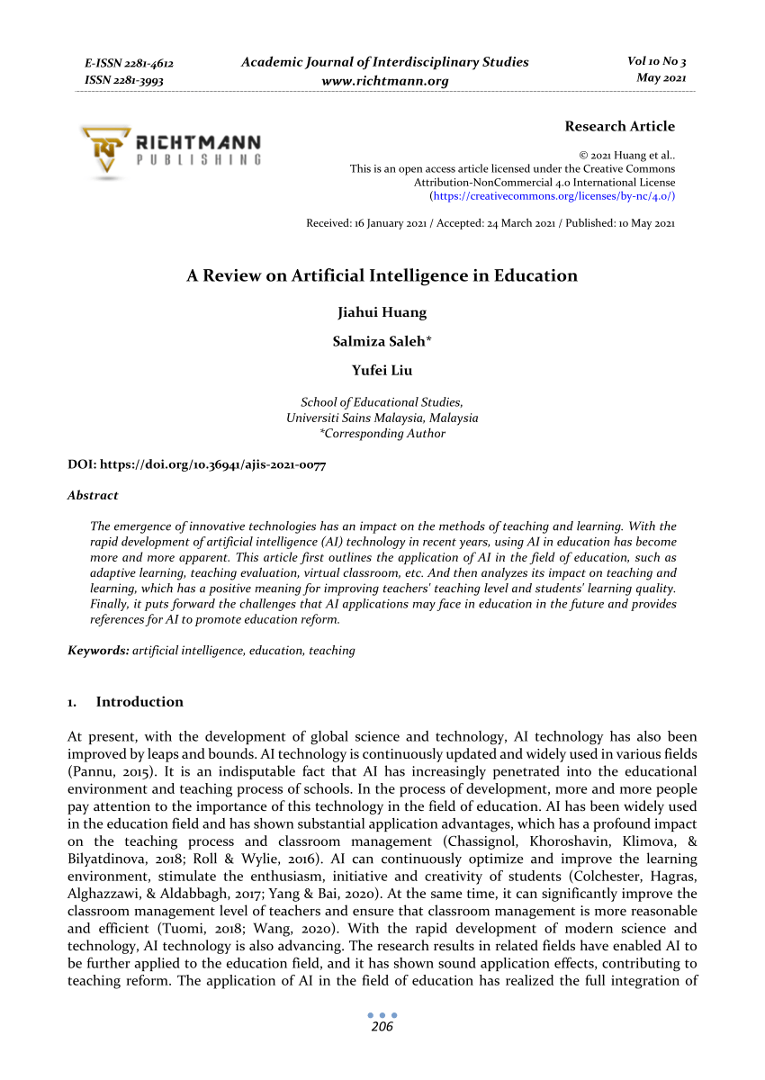 research paper on artificial intelligence in education pdf