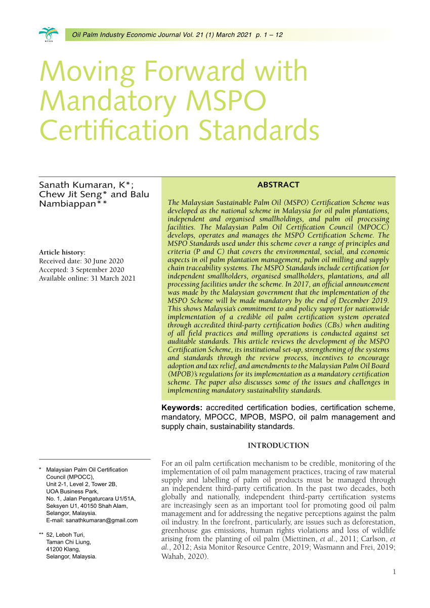 Pdf Moving Forward With Mandatory Mspo Certification Standards