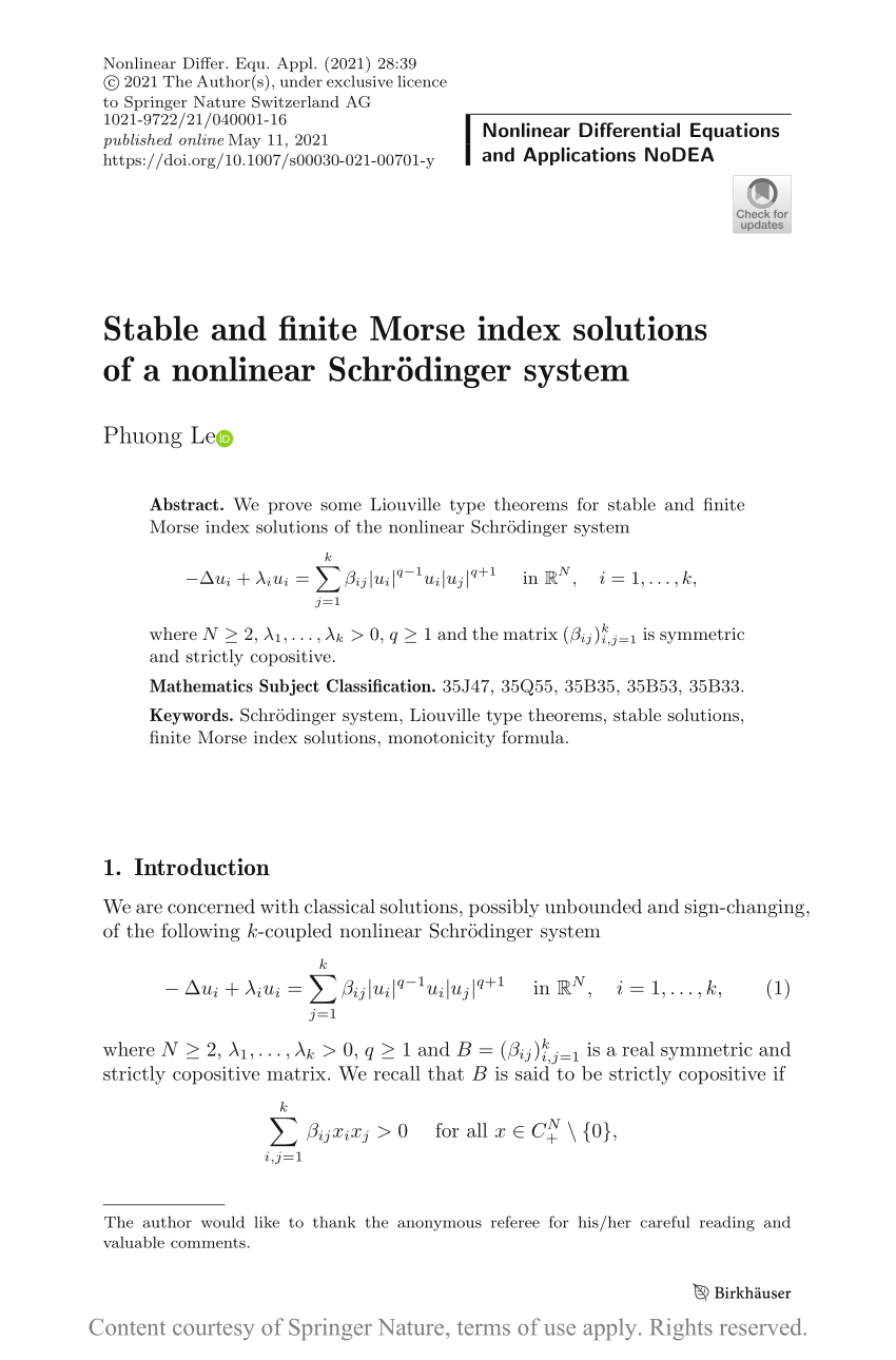 Stable And Finite Morse Index Solutions Of A Nonlinear Schrodinger System Request Pdf