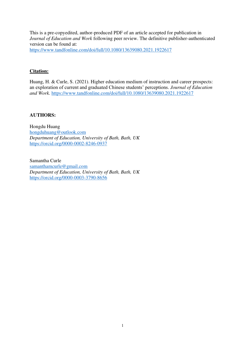 Pdf Higher Education Medium Of Instruction And Career Prospects An Exploration Of Current And Graduated Chinese Students Perceptions