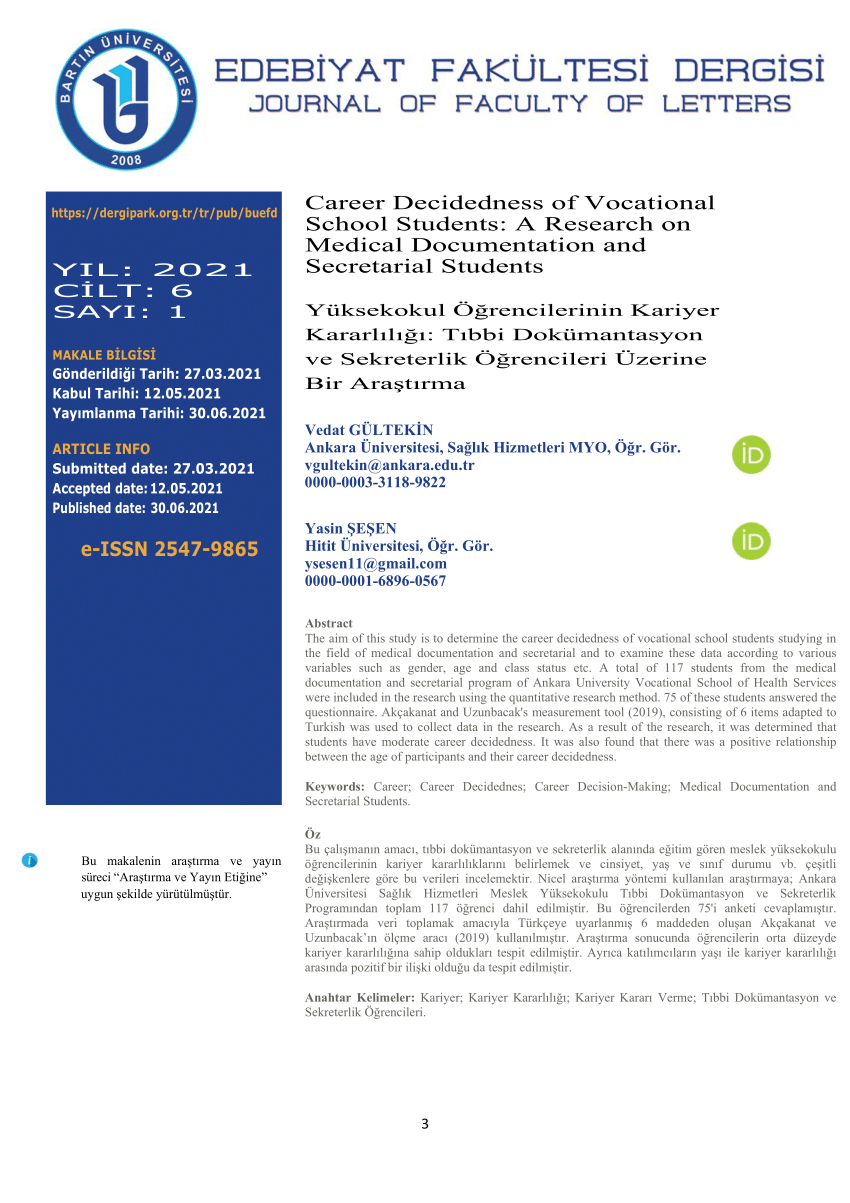 pdf gultekin v sesen y 2021 career decidedness of vocational school students a research on medical documentation and secretarial students bartin universitesi edebiyat fakultesi dergisi 6 1 3 14