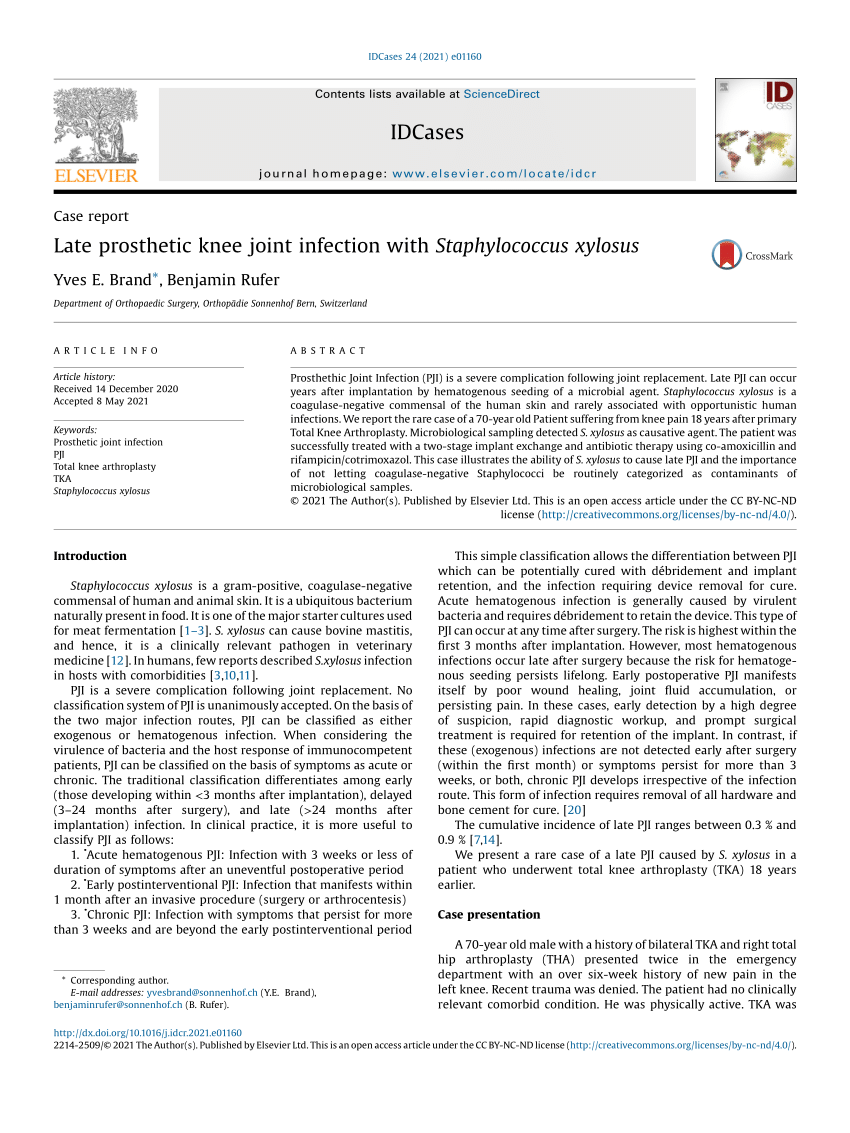 Pdf Late Prosthetic Knee Joint Infection With Staphylococcus Xylosus 3621