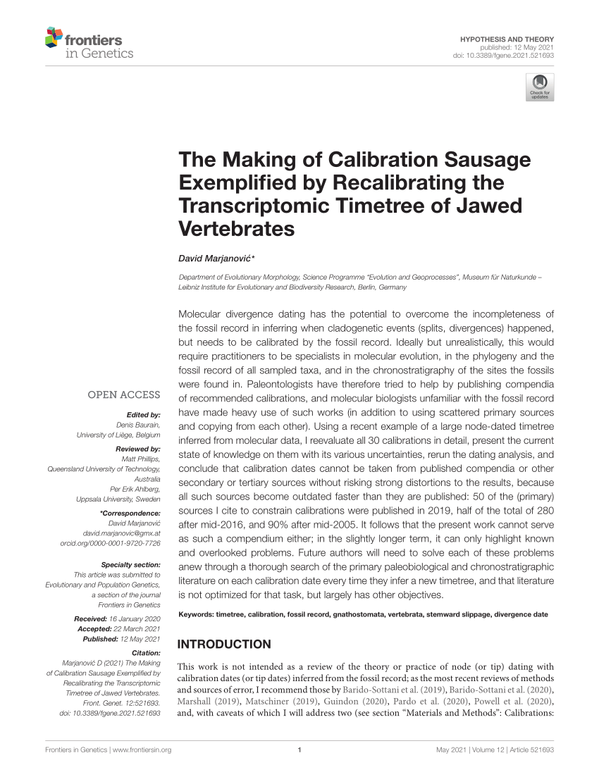 Frontiers  The Making of Calibration Sausage Exemplified by Recalibrating  the Transcriptomic Timetree of Jawed Vertebrates