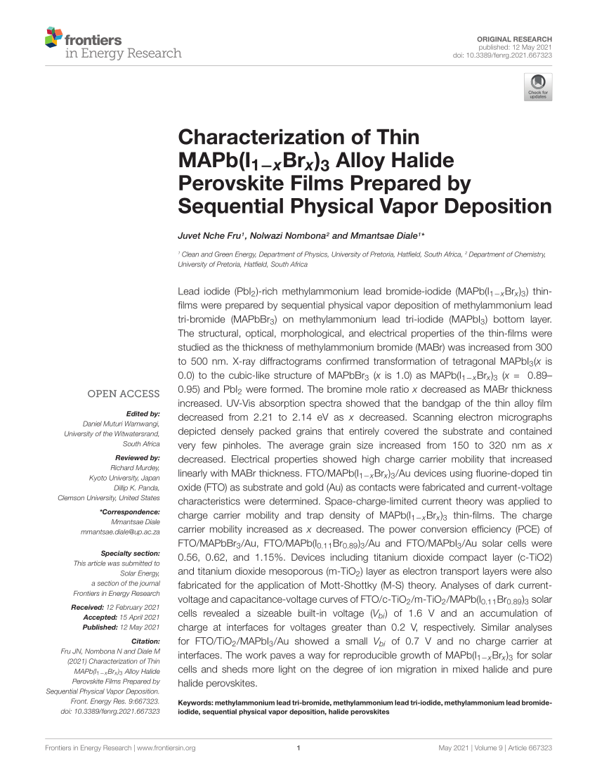 PDF) Characterization of Thin MAPb(I1–xBrx)3 Alloy Halide Perovskite Films Prepared by Sequential Physical Vapor Deposition