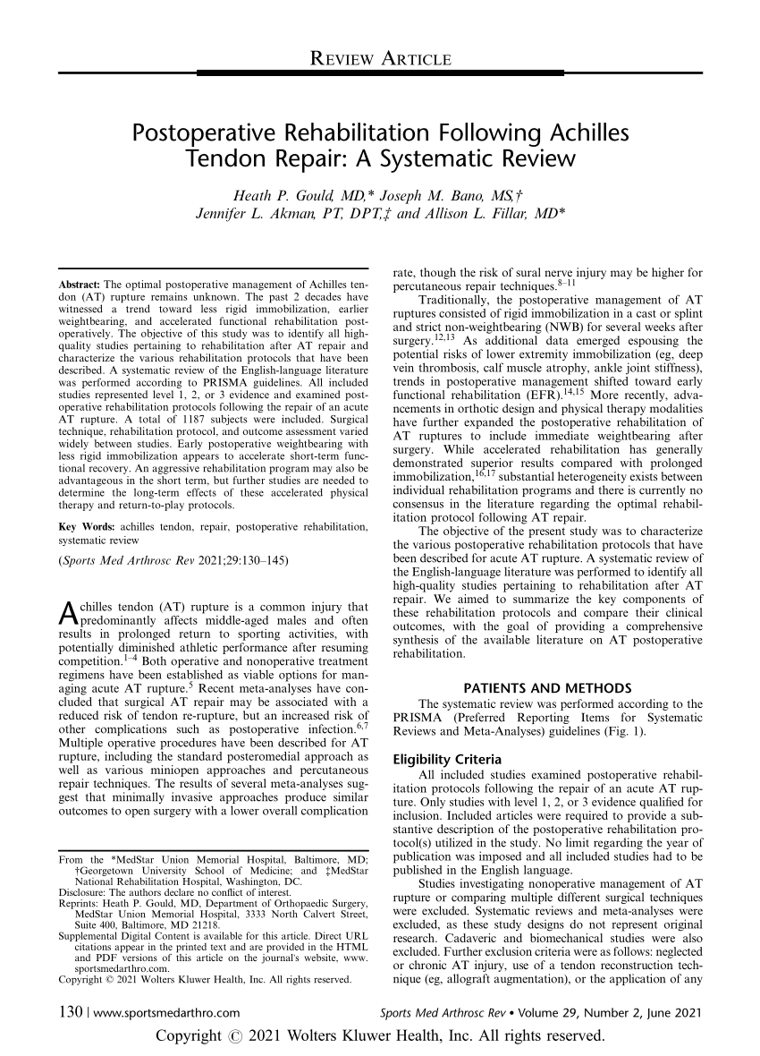 PDF) Postoperative Rehabilitation Following Achilles Tendon Repair: A  Systematic Review