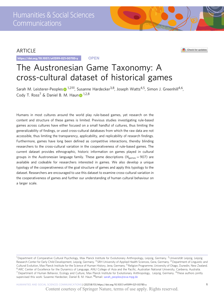 PDF) Games in Culture Revisited: A Replication and Extension of Roberts,  Arth, and Bush (1959)