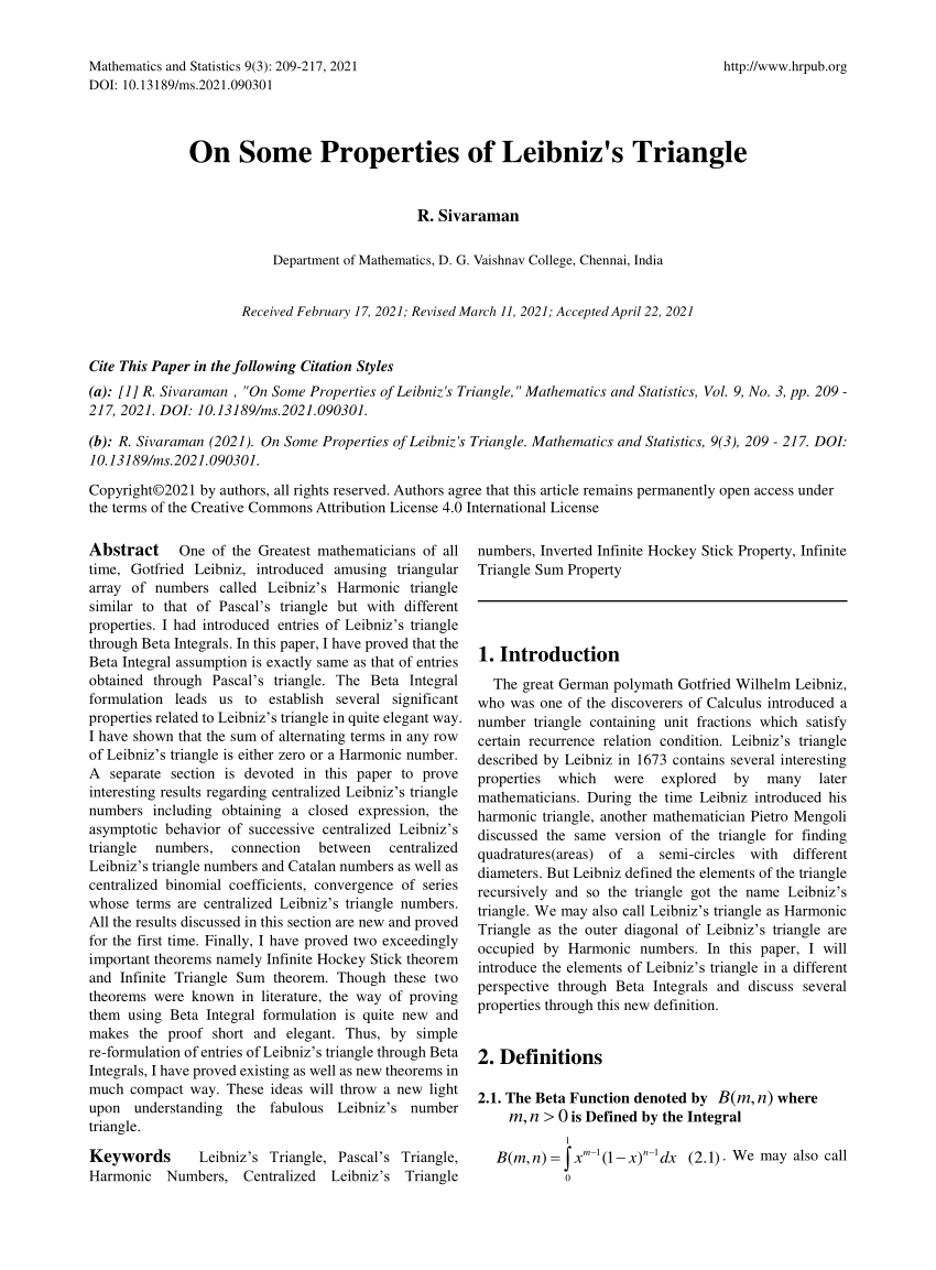 Pdf On Some Properties Of Leibniz S Triangle