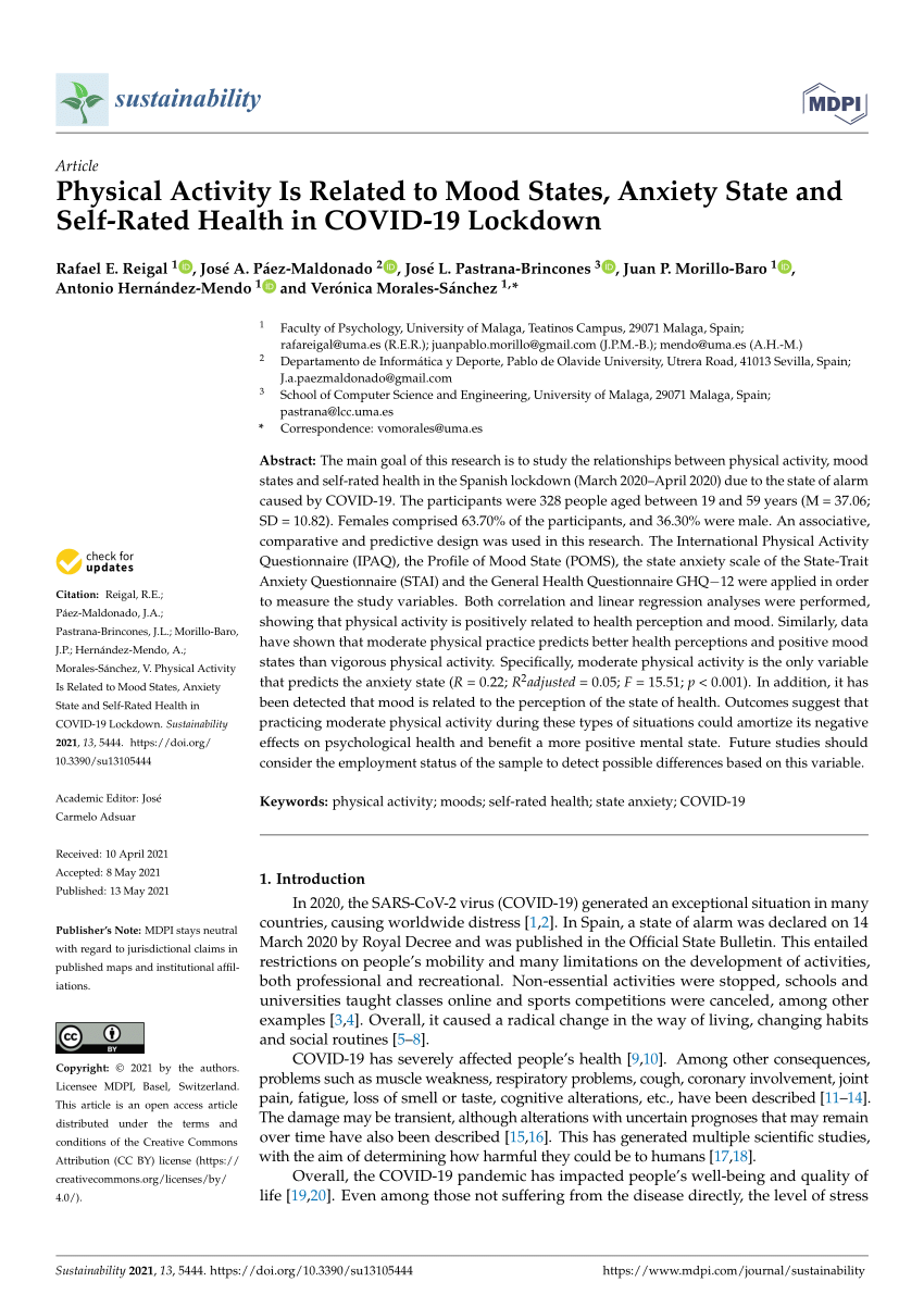 Pdf Physical Activity Is Related To Mood States Anxiety State And Self Rated Health In Covid 19 Lockdown