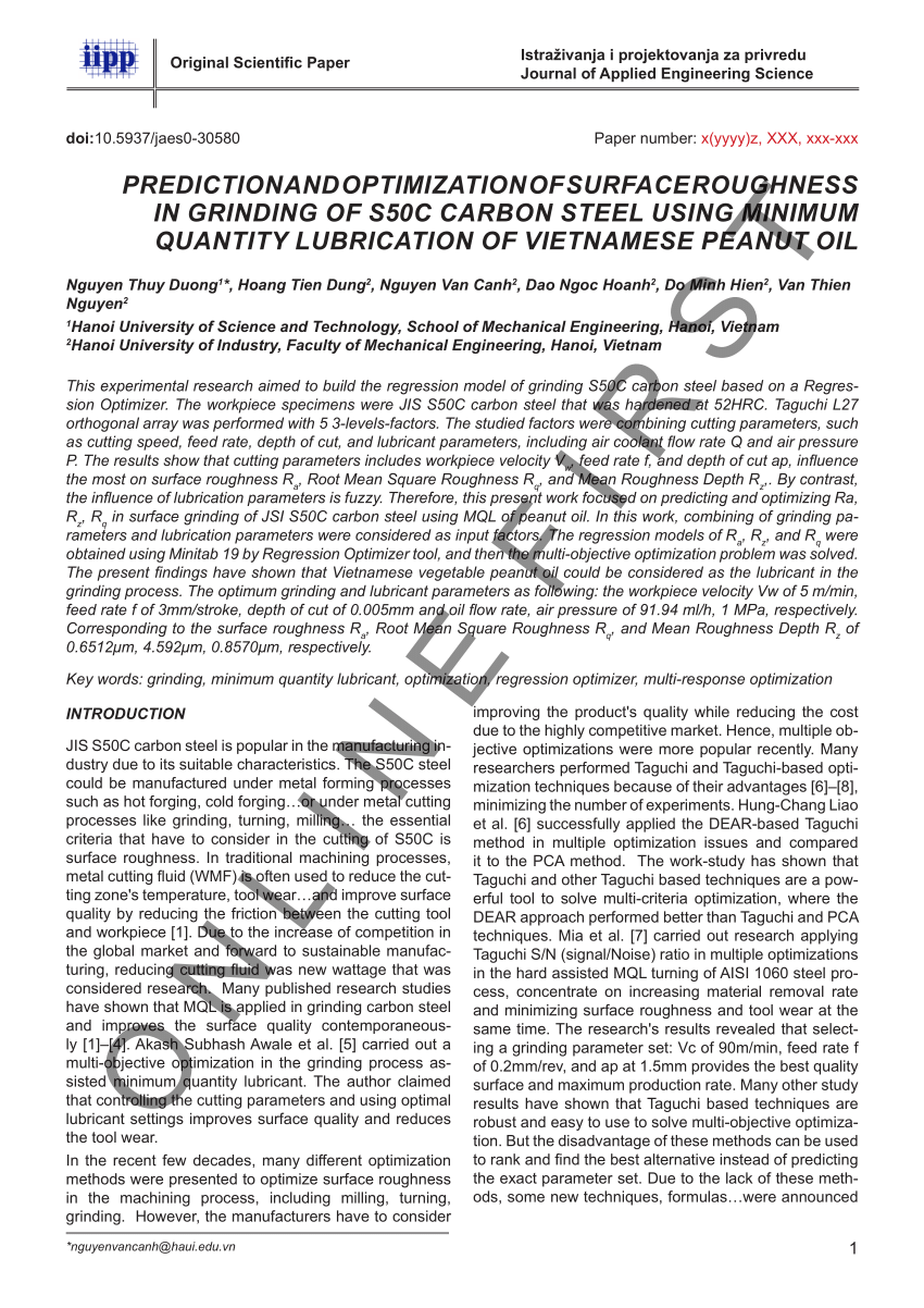 PDF THE PREDICTION AND OPTIMIZATION OF SURFACE ROUGHNESS IN  