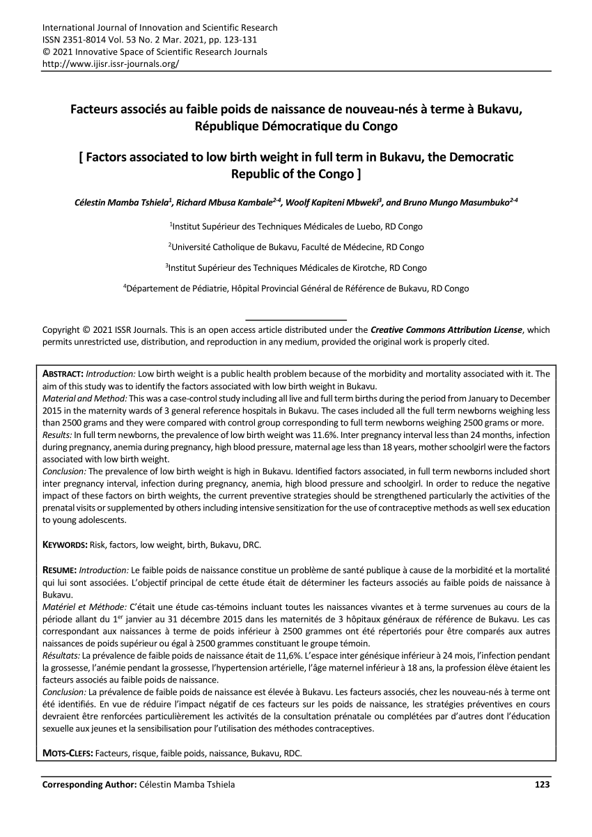 Pdf Facteurs Associes Au Faible Poids De Naissance De Nouveau Nes A Terme A Bukavu Republique Democratique Du Congo Factors Associated To Low Birth Weight In Full Term In Bukavu The Democratic