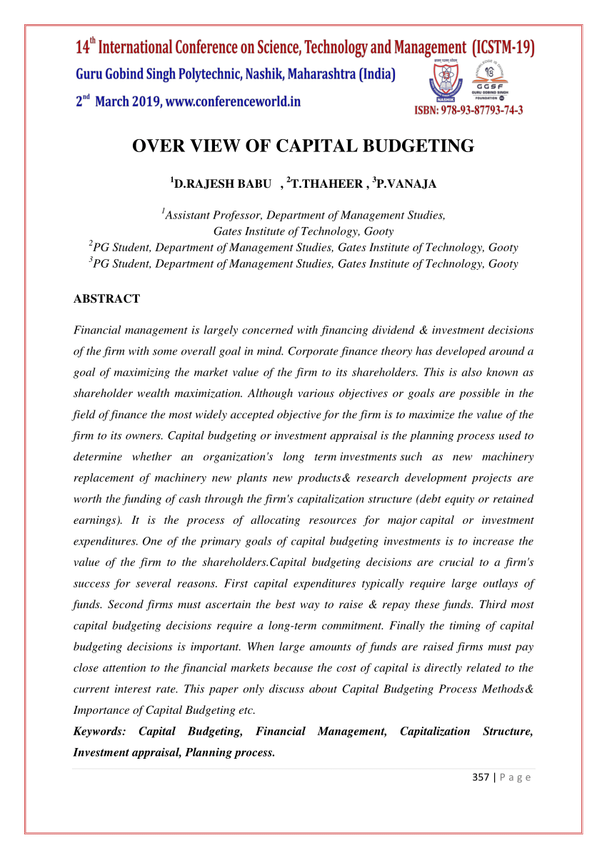 research paper on capital budgeting pdf