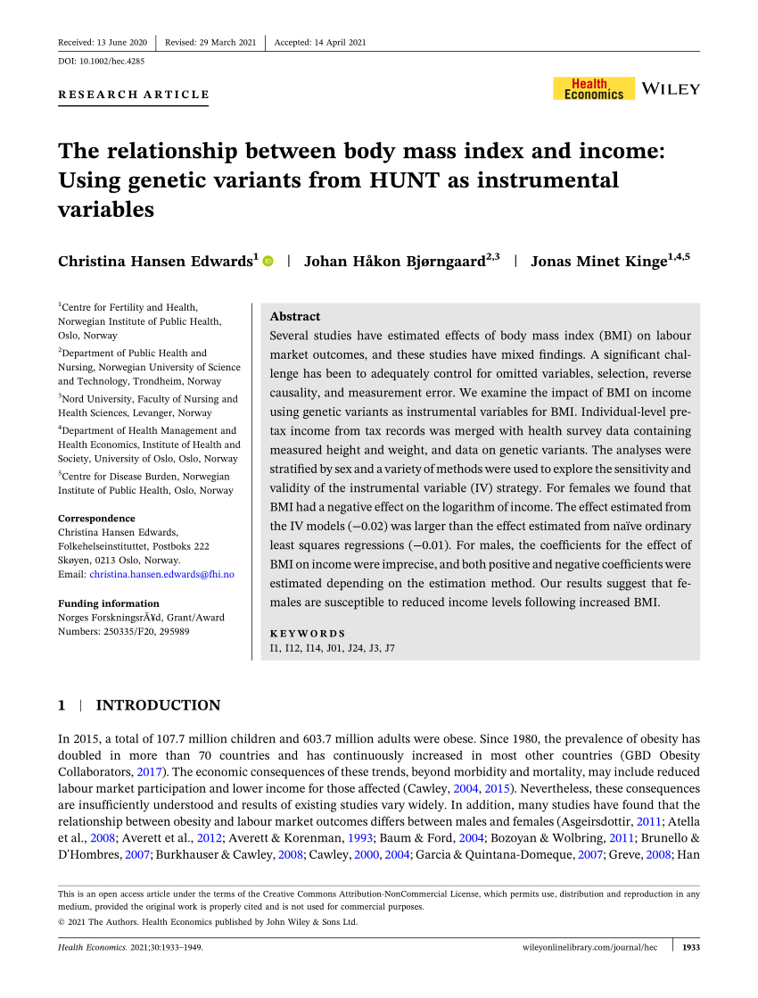 PDF The relationship between body mass index and income Using  