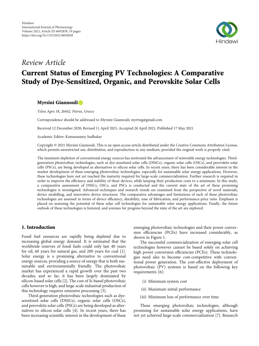 Pdf Current Status Of Emerging Pv Technologies A Comparative Study Of Dye Sensitized Organic And Perovskite Solar Cells