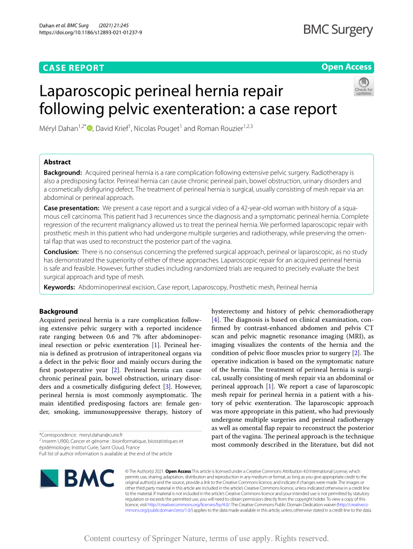 Pdf Laparoscopic Perineal Hernia Repair Following Pelvic Exenteration