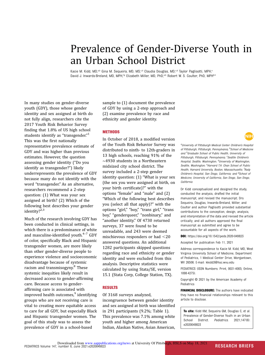 PDF Prevalence of Gender Diverse Youth in an Urban School District 