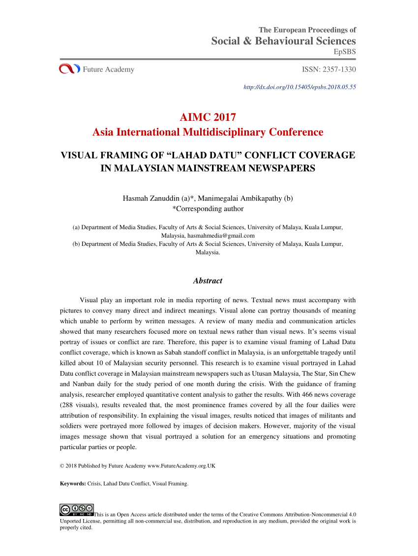 Pdf) The European Proceedings Of Social & Behavioural Sciences Aimc 2017  Asia International Multidisciplinary Conference Visual Framing Of "Lahad  Datu" Conflict Coverage In Malaysian Mainstream Newspapers