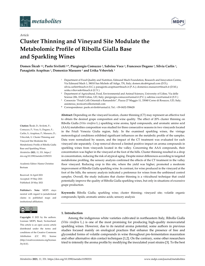 PDF) Cluster and Vineyard Modulate the Metabolomic Profile of Gialla Base Sparkling Wines