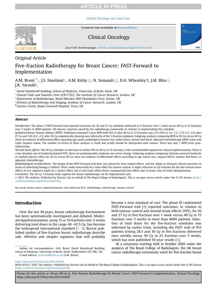 PDF) Five-fraction Radiotherapy for Breast Cancer: FAST-Forward to  Implementation