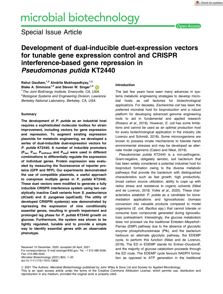 Pdf Development Of Dual Inducible Duet Expression Vectors For Tunable Gene Expression Control And Crispr Interference Based Gene Repression In Pseudomonas Putida Kt2440